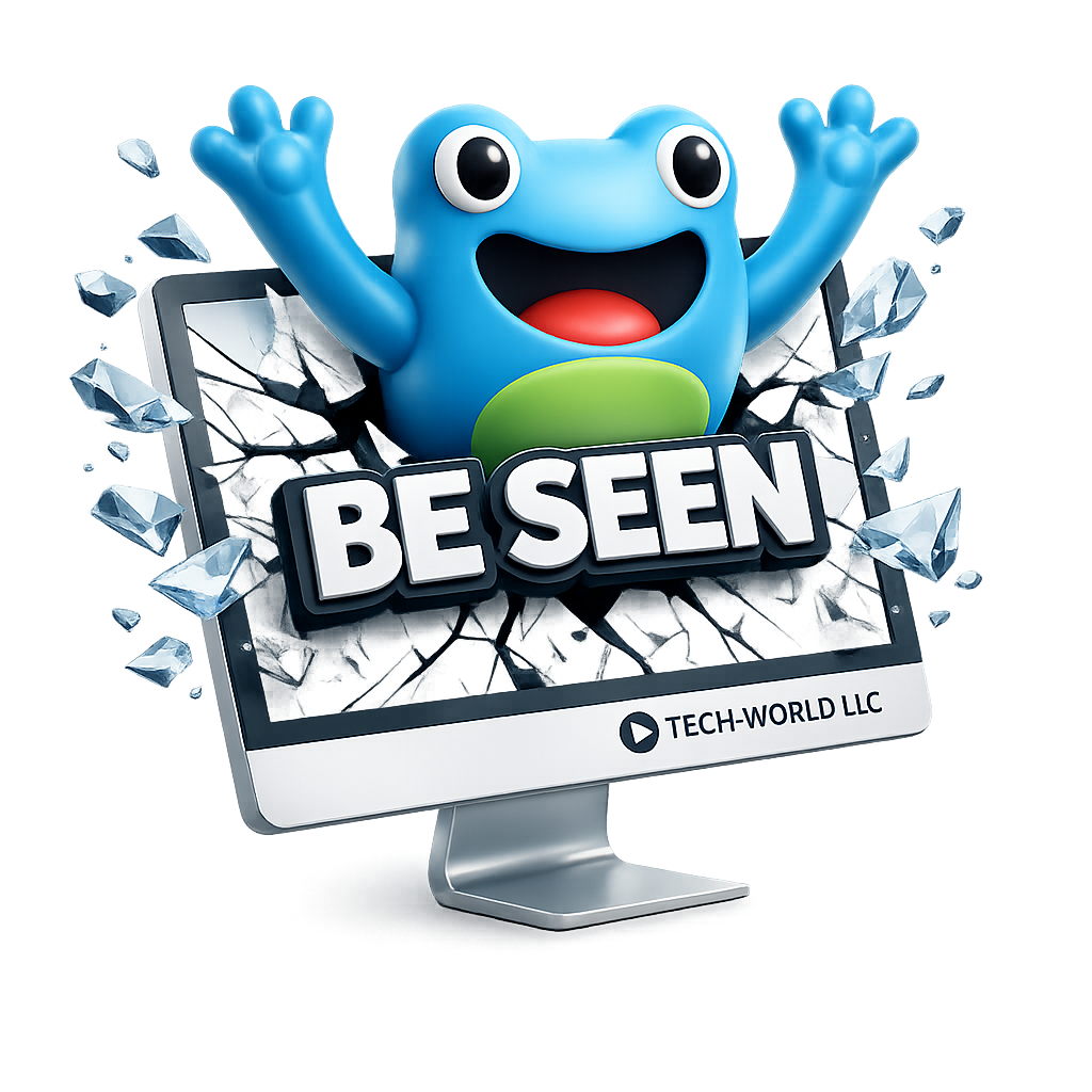 Tech-World Be Seen mascot breaking through a computer screen